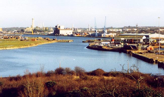 The retractable Bridge still in place across the lock chamber between docks 1 & 3, to right of image